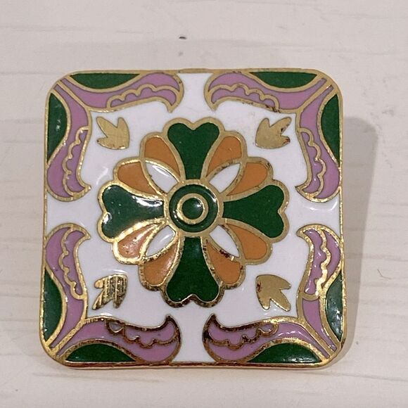 Vintage Enamel Square Earrings In Green Pink Dark Yellow/Orange Enamel On Stud - Picture 5 of 7